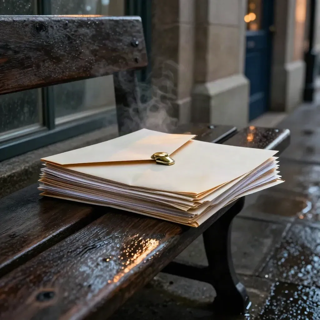 Opened dispute envelope, split files and brass clip on a corridor bench after rain.