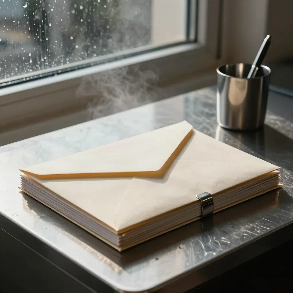Rainy legal office side table with claim envelopes, a statement bundle and steel pen cup.