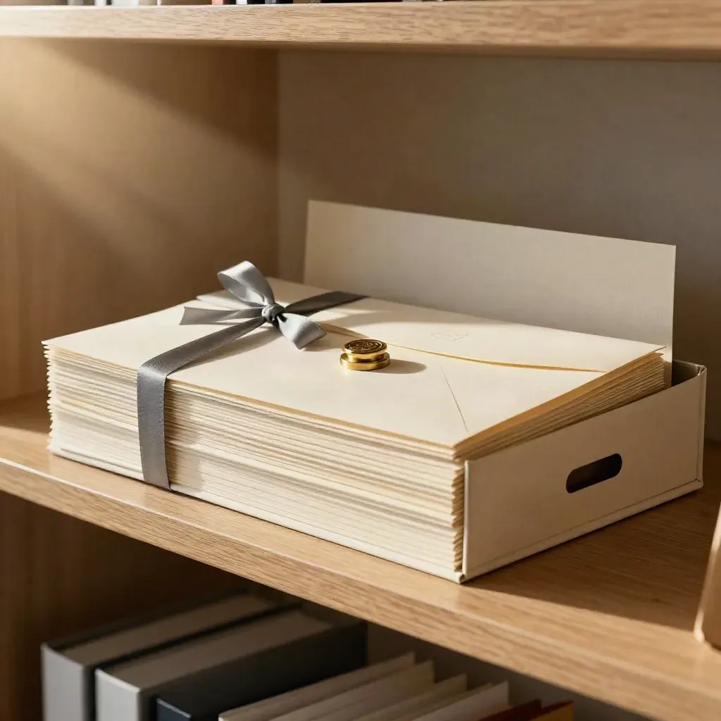 Company formation papers, embossed envelope and seal stamp on a shelf in warm daylight.