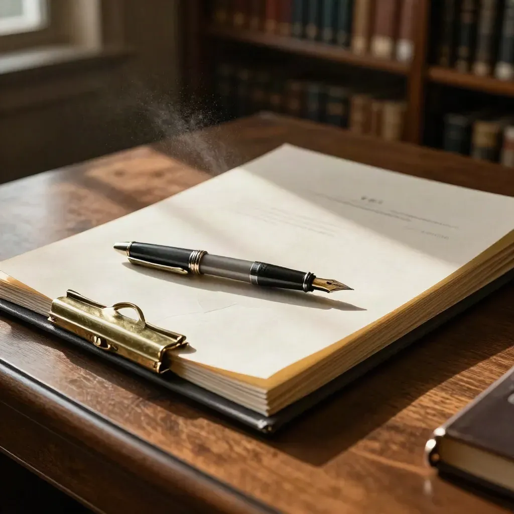 Draft agreement folder with fountain pen, brass clip and carbon paper on a walnut legal ledge