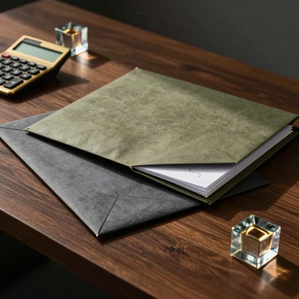 Risk review papers, calculator and paperweights on a dark legal desk, lit dramatically from above left.