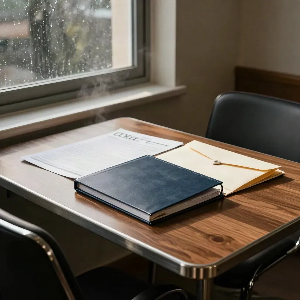 Empty meeting room table with employment-check folders beside a rain-beaded window.