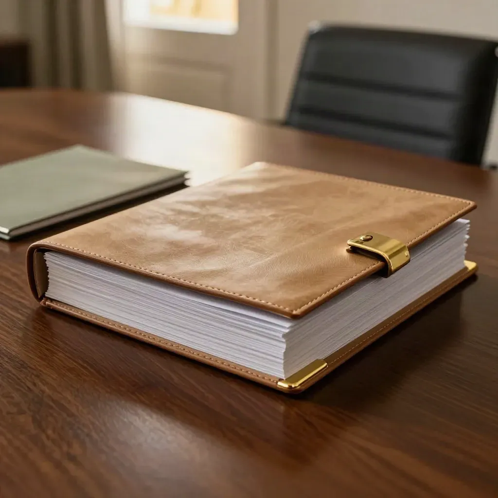 Leather folio with squared draft pages on a boardroom table under warm dramatic light.