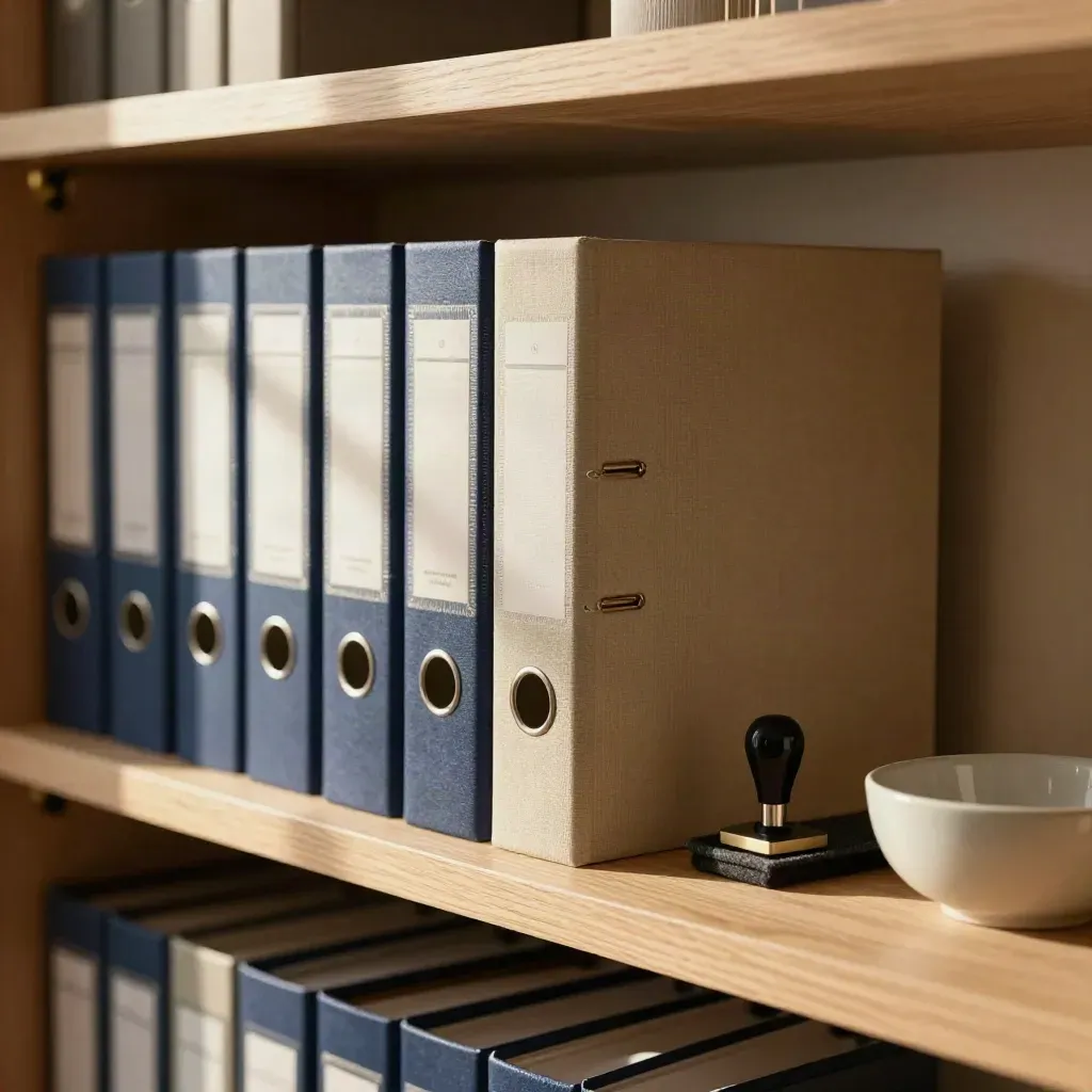 Slim regulatory binders on a shelf with a stamp tray and ceramic bowl, lit by warm afternoon light.