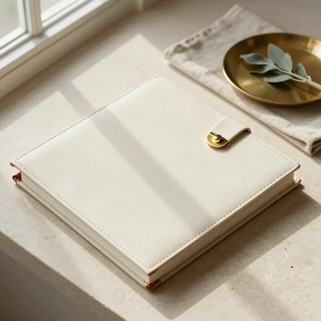 Ivory legal file folio with brass clasp on stone beside linen and brass tray
