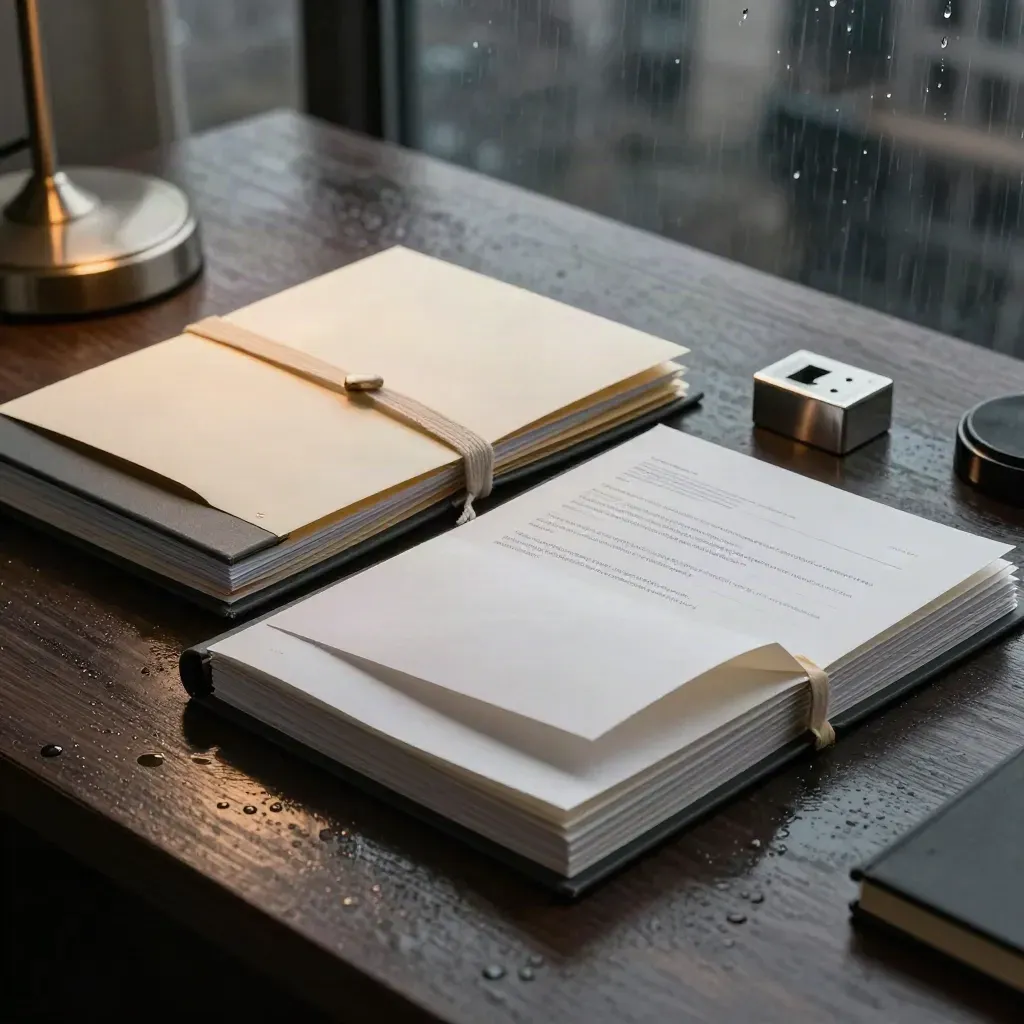 Rain-darkened legal files and a sealed correspondence sleeve on a corner desk in tense motion.
