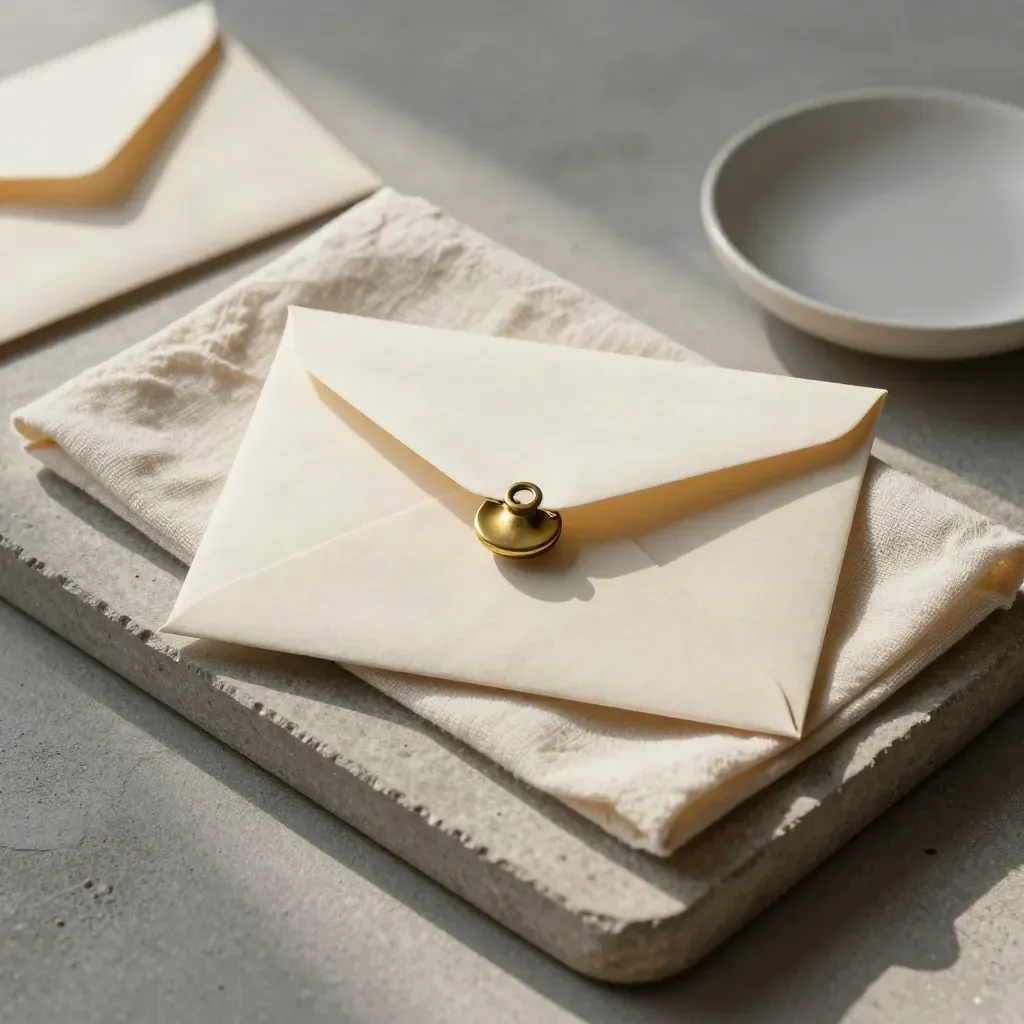 Open cream envelope with brass clip on stone tray, linen cloth and ceramic dish on concrete.