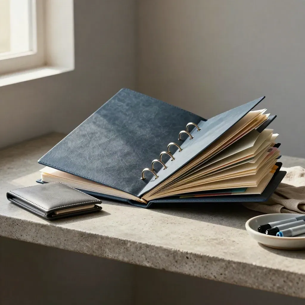 Slate compliance binder open on stone shelf with tabs, linen cloth and document wallet